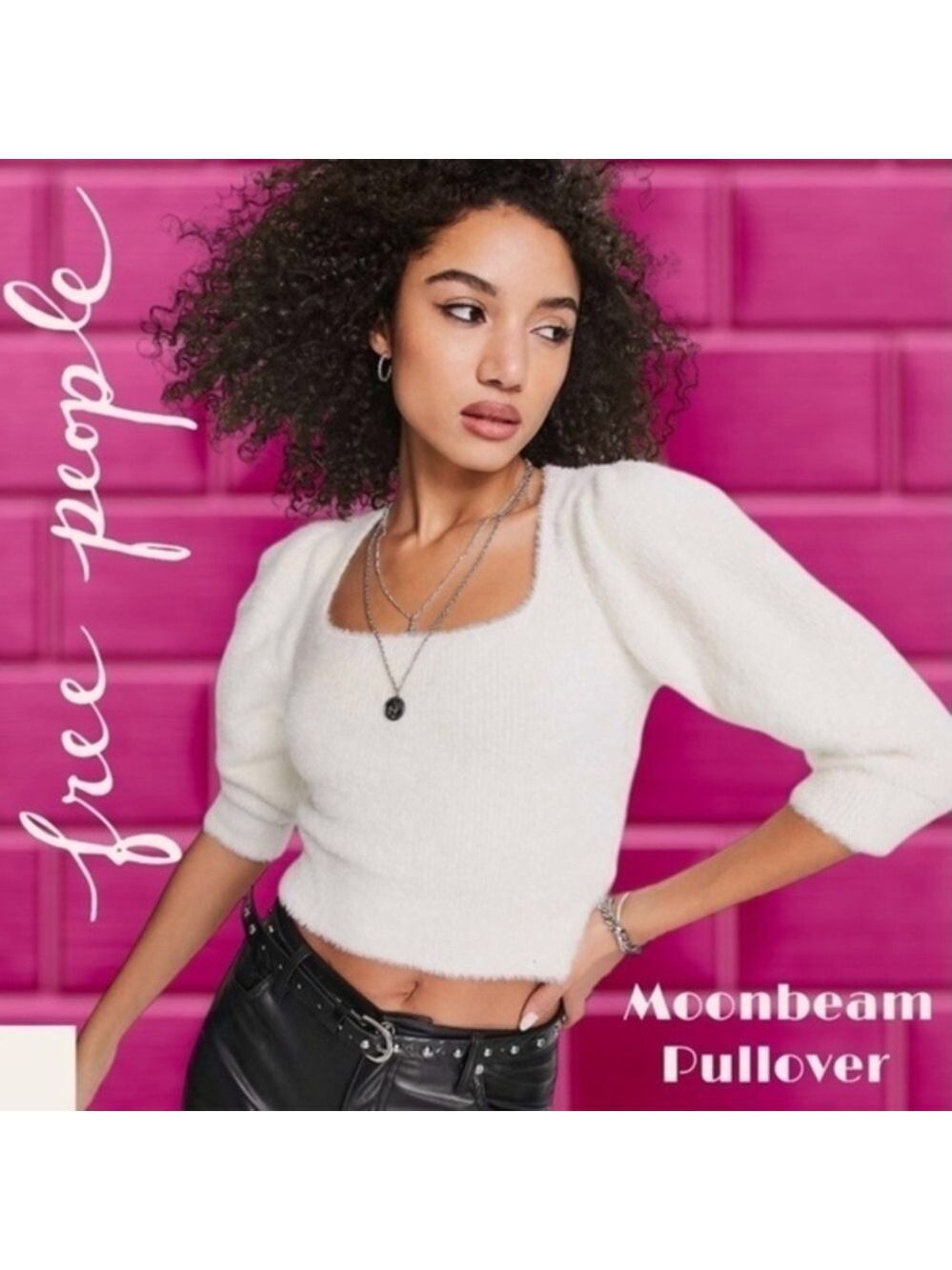 FREE PEOPLE NWT Moonbeam Fuzzy 3/4 Puff Sleeve Cropped Scoop Neck Sweater/Lg